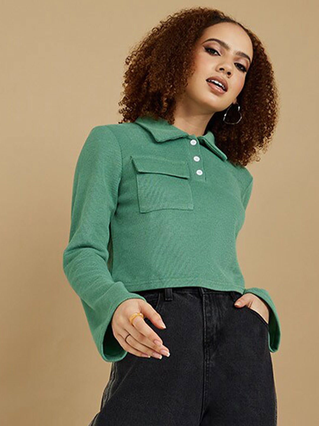 

Styli Women Polo Collar Long Sleeves T-shirt, Green