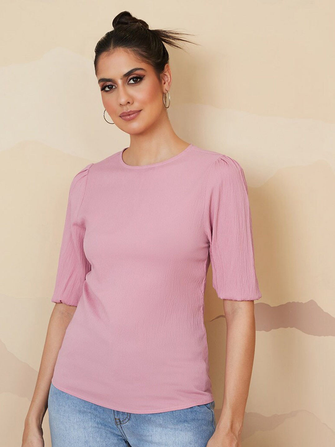 

Styli Round Neck Puff Sleeves Top, Pink