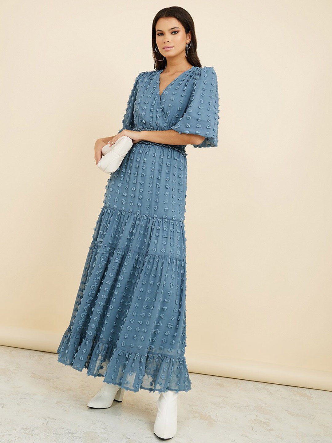 

Styli V-Neck Puff Sleeves Tiered Maxi Dress, Blue