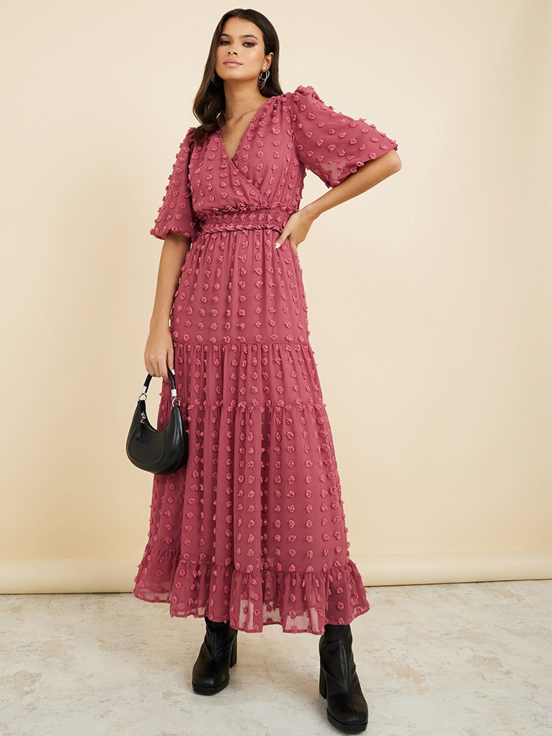 

Styli V-Neck Puff Sleeves Tiered Maxi Dress, Pink