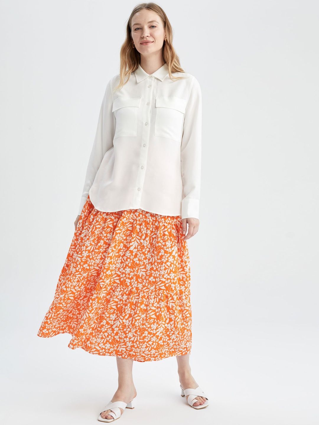 

DeFacto Floral Printed Tiered Midi Skirt, Orange