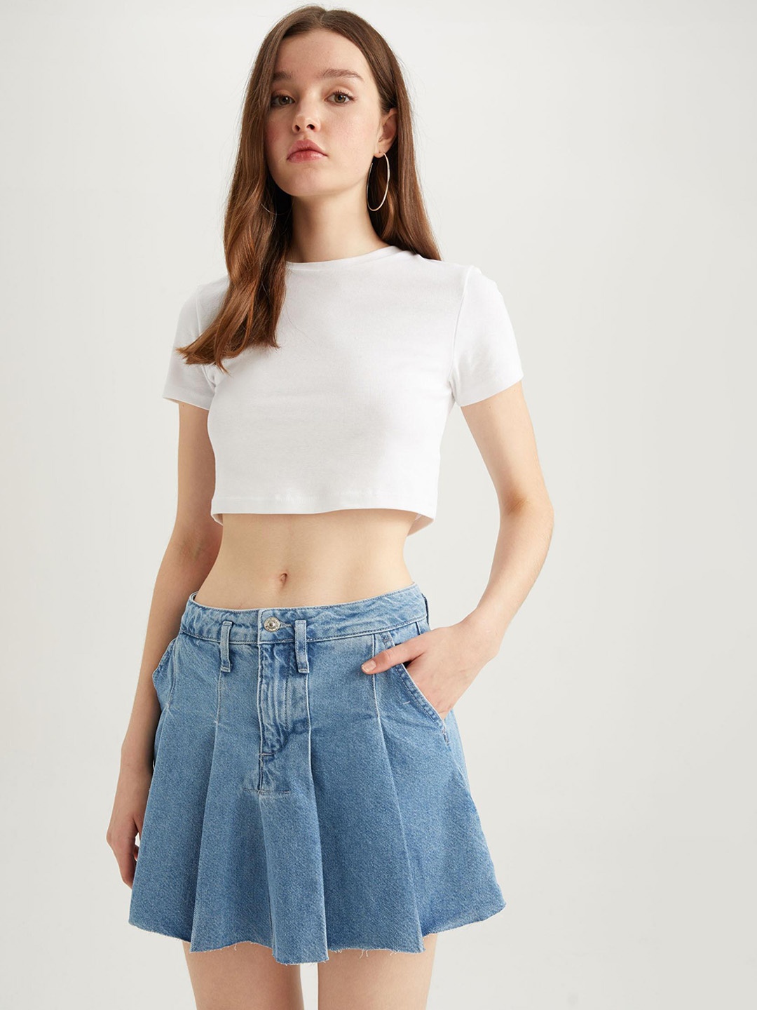 

DeFacto Pleated Pure Cotton Denim Mini Skirt, Blue