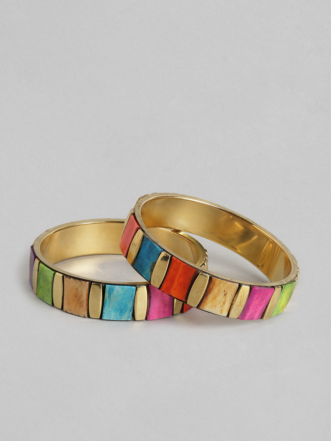 

Rang Gali Women Set Of 2 Brass Labradorite Tribal Gold-Plated Kada Bracelets, Multi