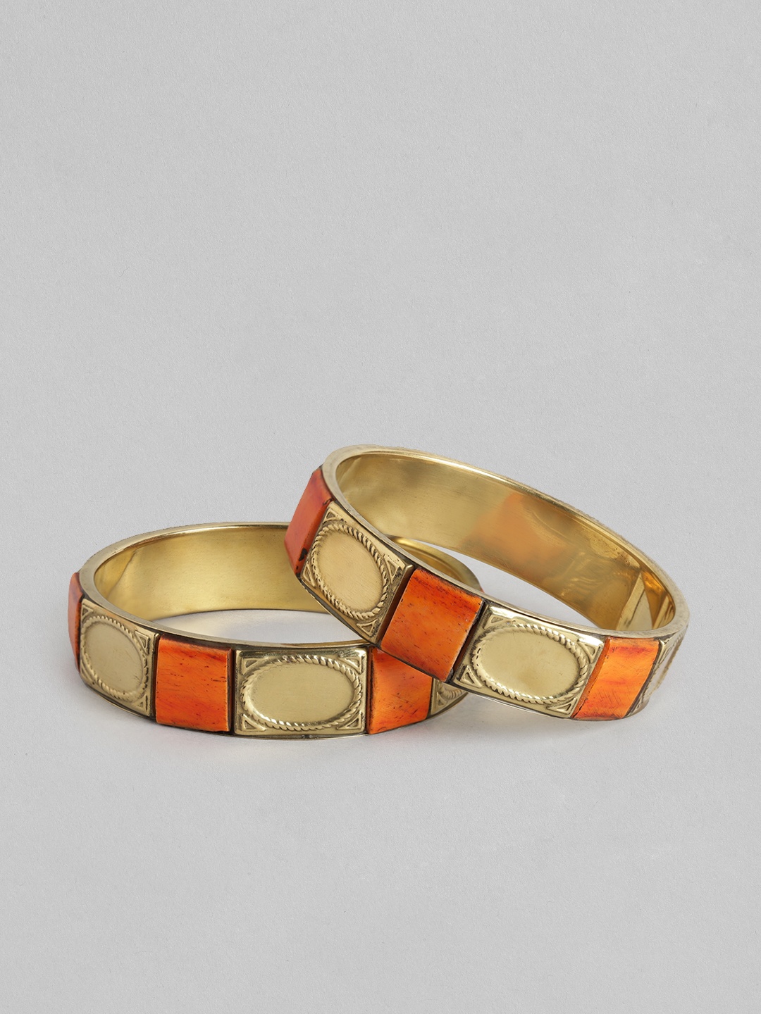 

Rang Gali Women Set Of 2 Brass Labradorite Tribal Gold-Plated Kada Bracelets, Orange