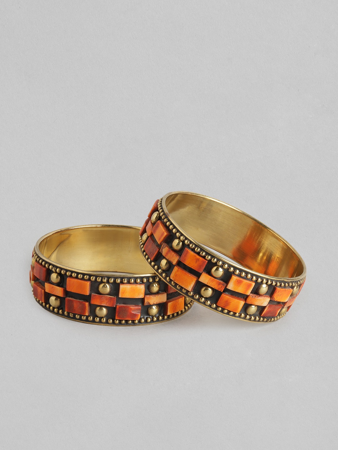 

Rang Gali Women Set Of 2 Brass Labradorite Tribal Gold-Plated Kada Bracelet, Orange