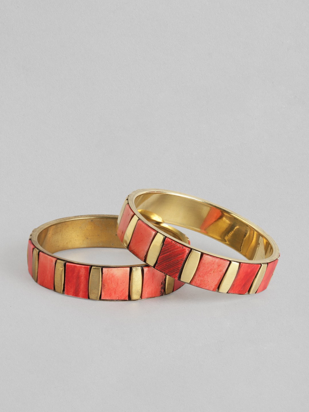 

Rang Gali Women Set Of 2 Brass Labradorite Tribal Gold-Plated Kada Bracelet, Red