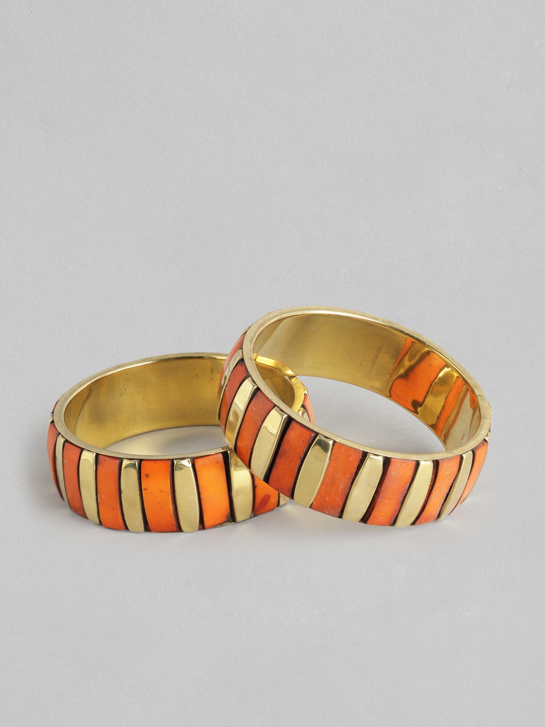 

Rang Gali Women Set Of 2 Brass Labradorite Tribal Gold-Plated Kada Bracelets, Orange