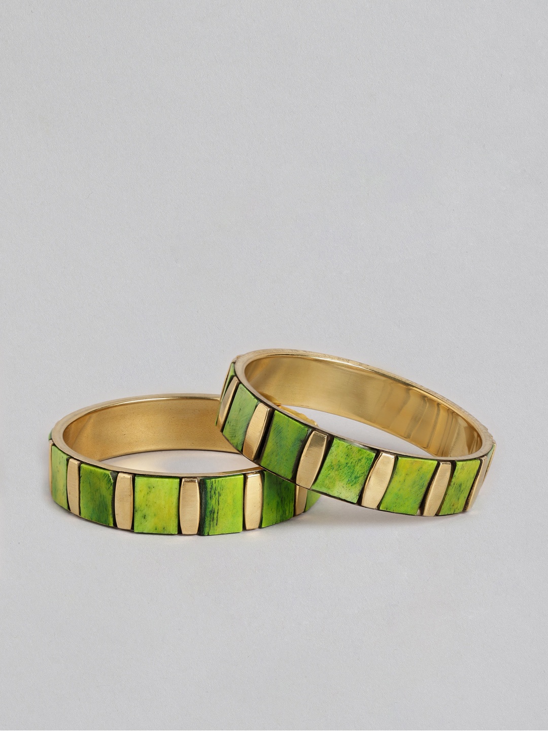 

Rang Gali Women 2 Green Brass Labradorite Tribal Gold-Plated Kada Bracelet