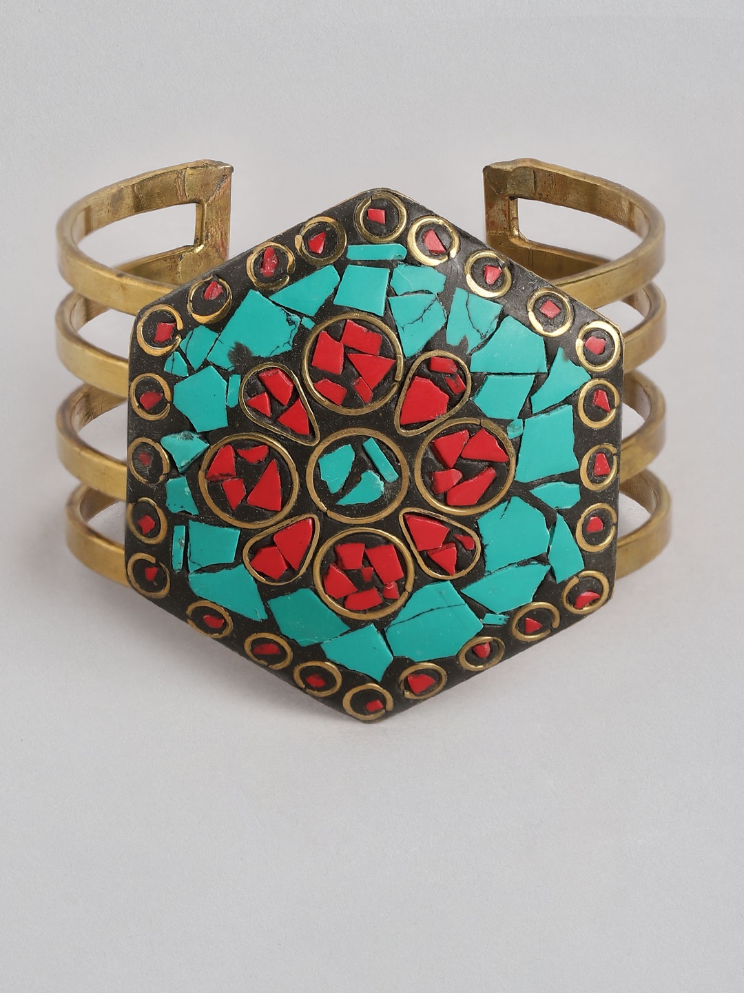 

Rang Gali Women Brass Turquoise Tribal Gold-Plated Armlet Bracelet, Multi
