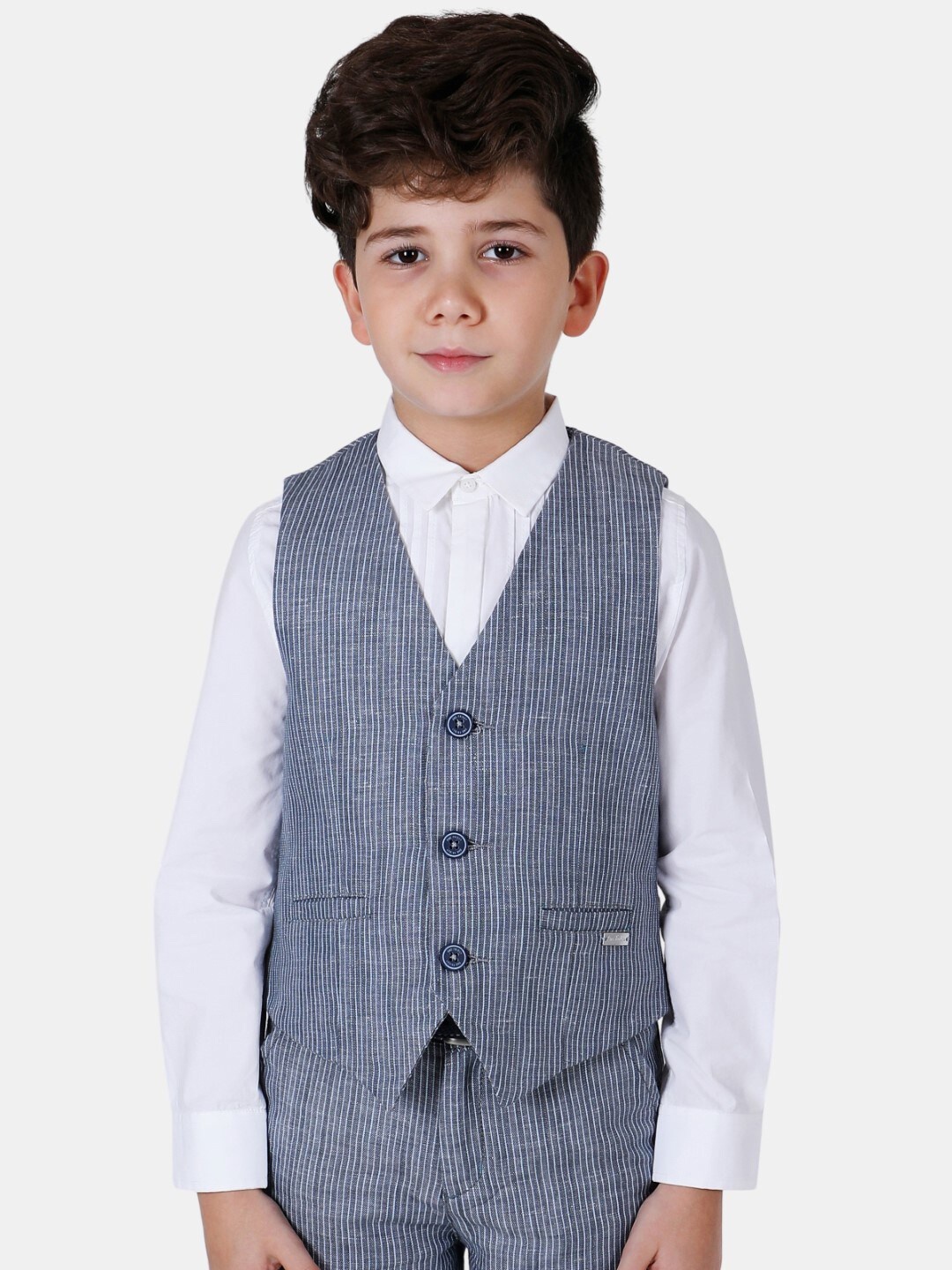 

One Friday Boys Striped Woven Pure Cotton Formal Waistcoat, Blue