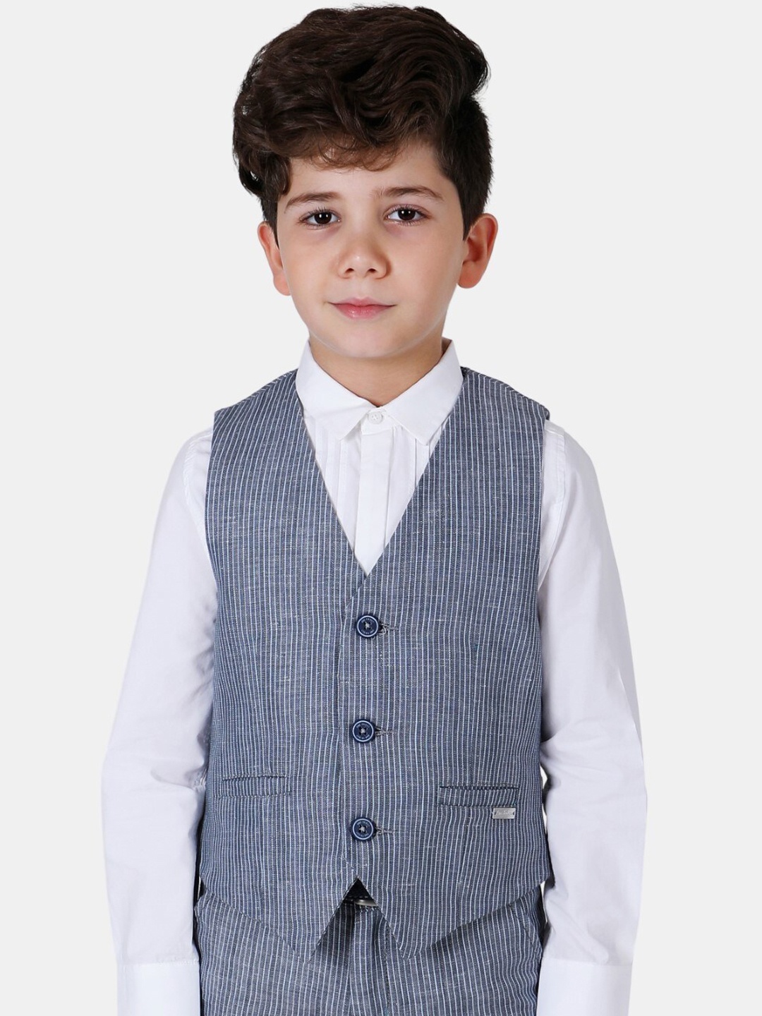 

One Friday Boys Striped Woven Pure Cotton Waistcoat, Blue