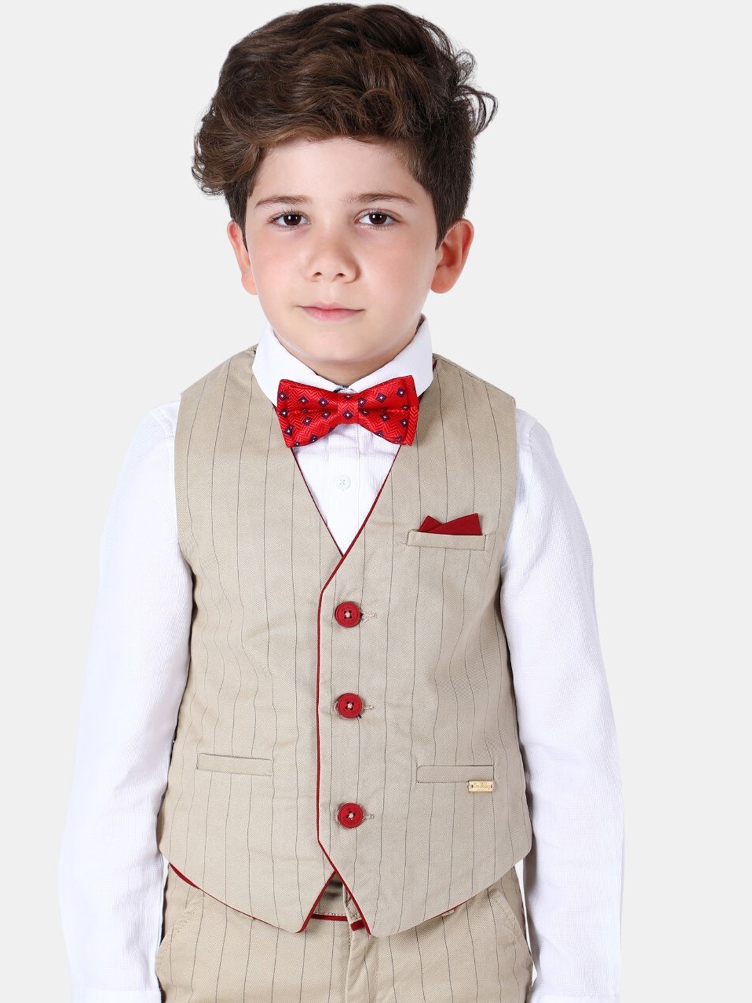 

One Friday Infant Striped Pure Cotton Woven Party Waistcoat, Beige