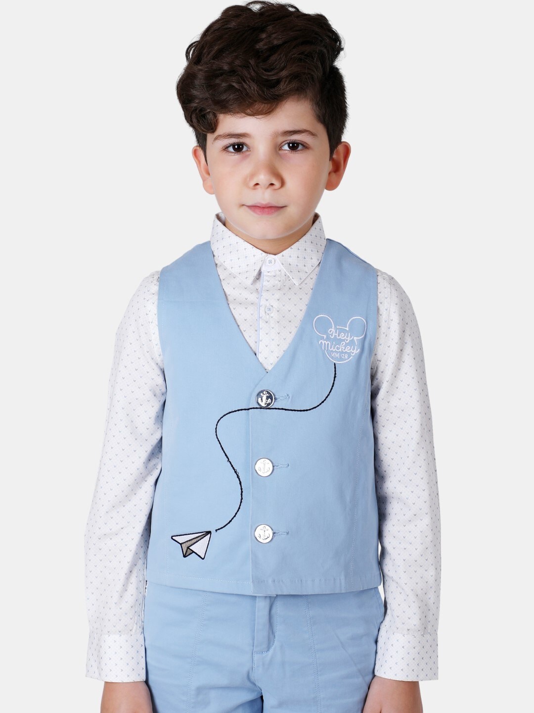 

One Friday Boys Mickey Embroidered Pure Cotton Woven Casual Waistcoat, Blue