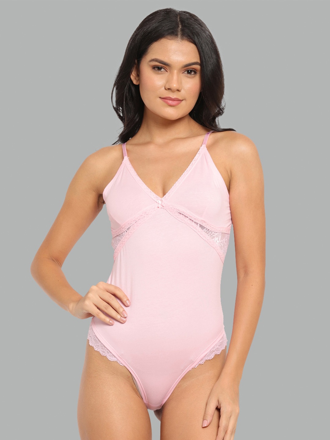 

N-Gal V-Neck Shoulder Straps Bodysuit Cotton Top, Pink