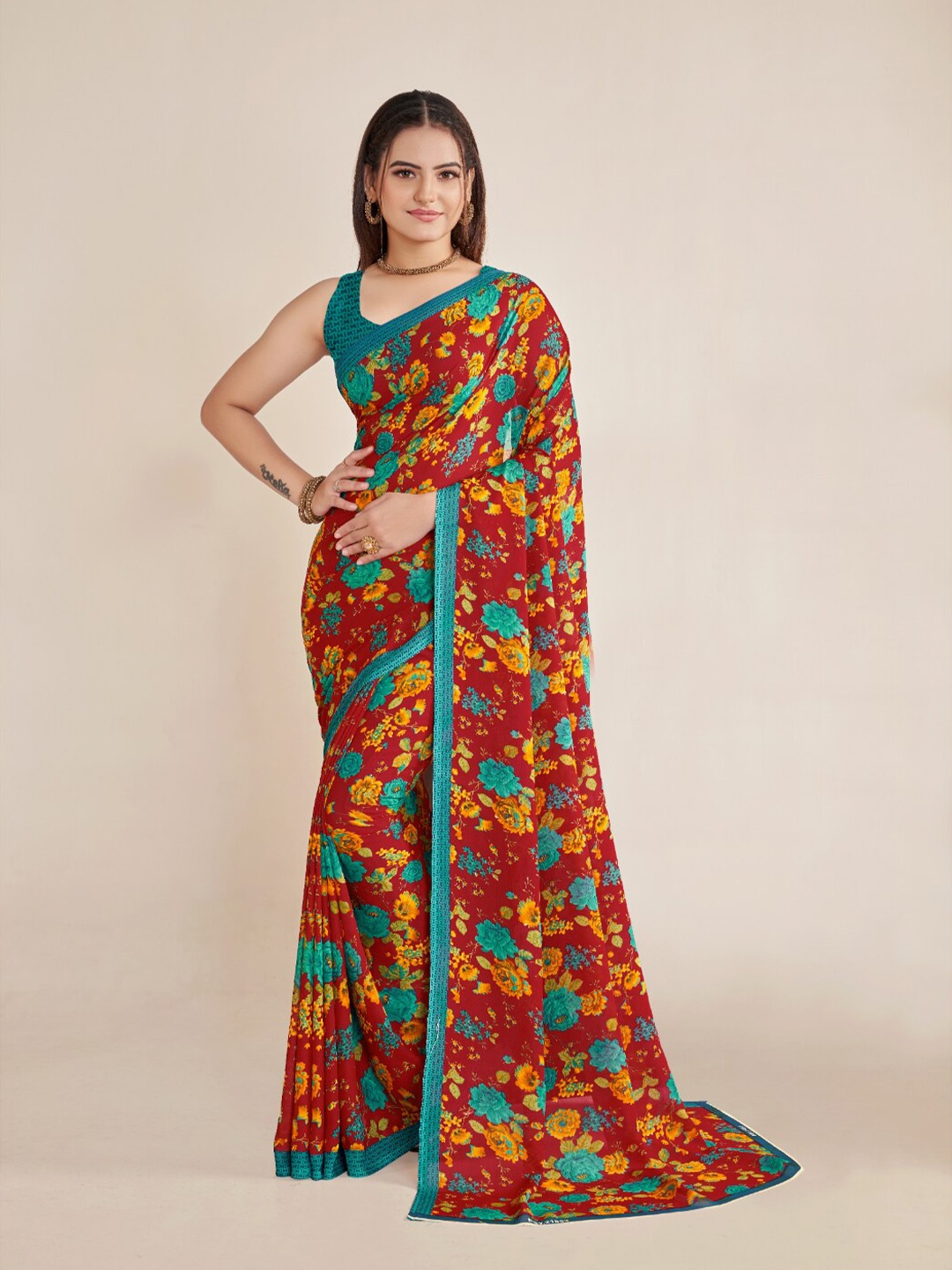 

Ambuja International Floral Saree, Red