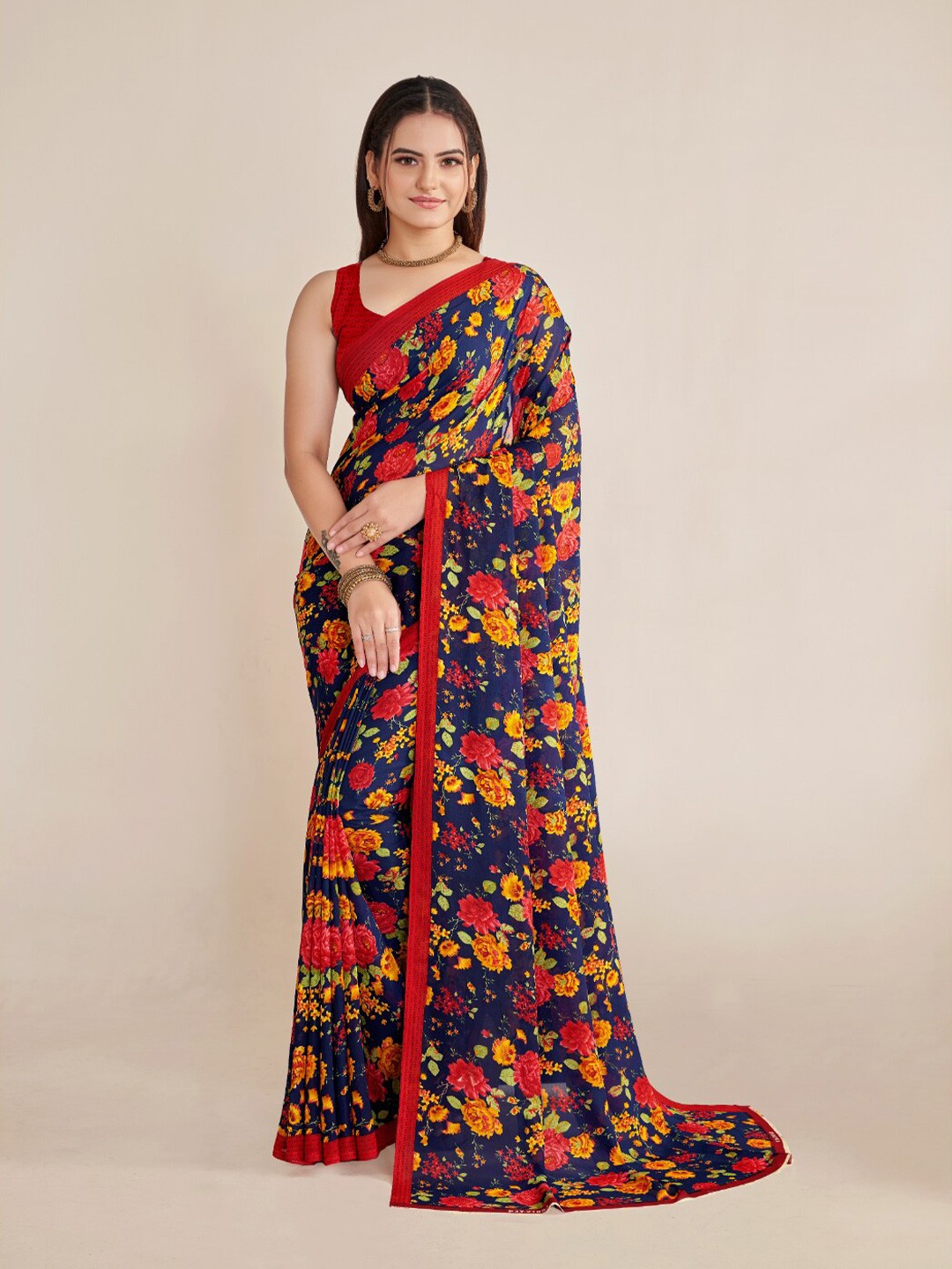 

Ambuja International Floral Saree, Navy blue