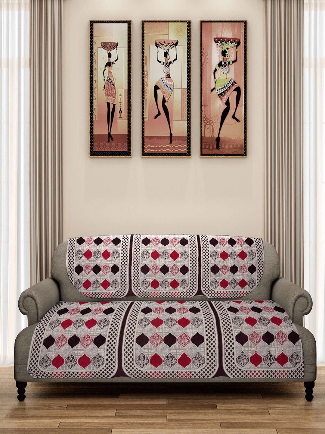 

ROMEE Red & Beige 6-Pcs Woven Design 5-Seater Sofa Covers