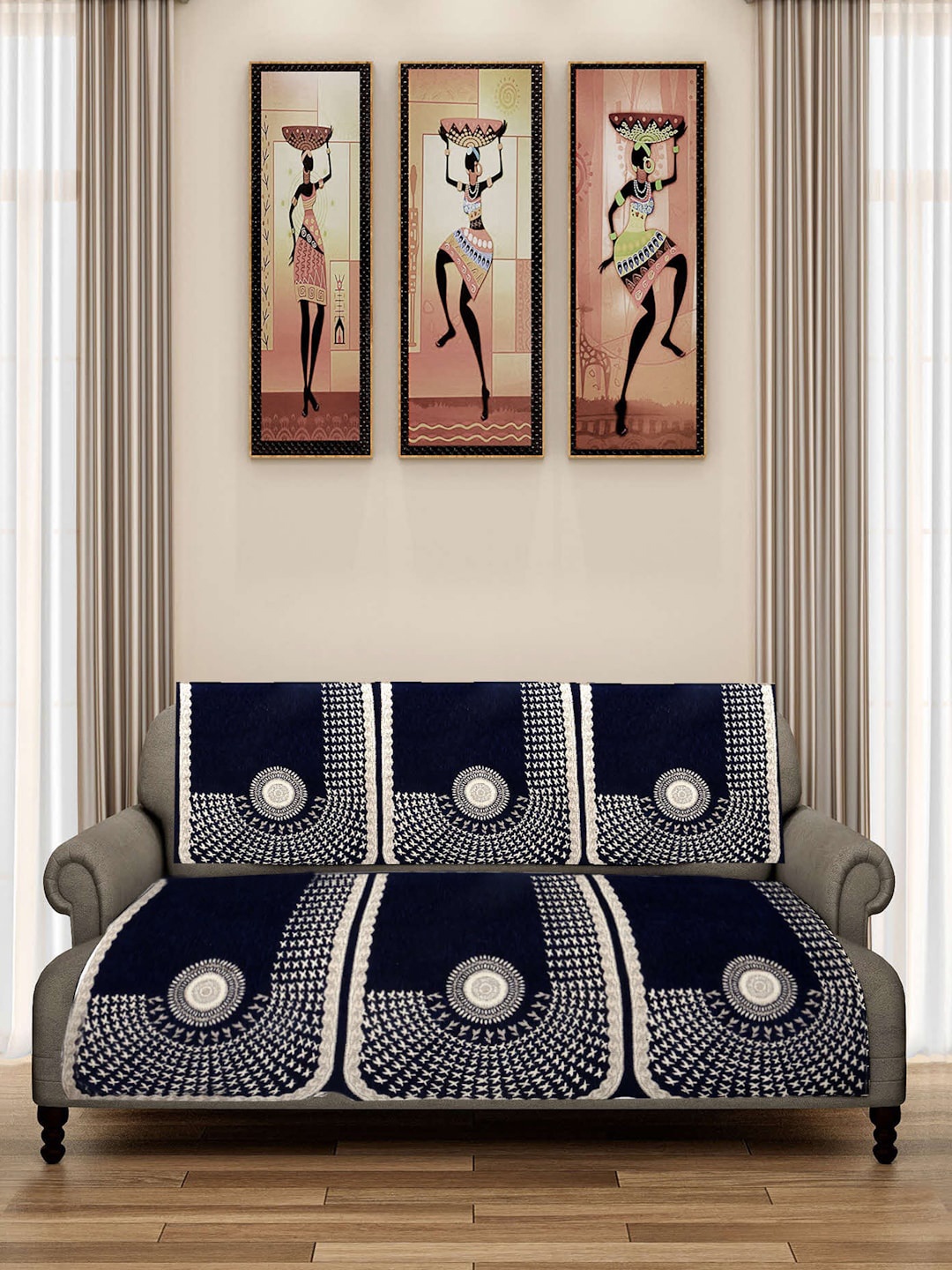 

ROMEE Navy Blue & Beige 6-Pcs Woven Design 5-Seater Sofa Covers