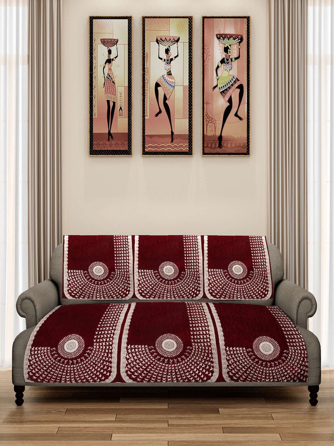 

ROMEE Maroon & Beige 6-Pcs Woven Design 5-Seater Sofa Covers