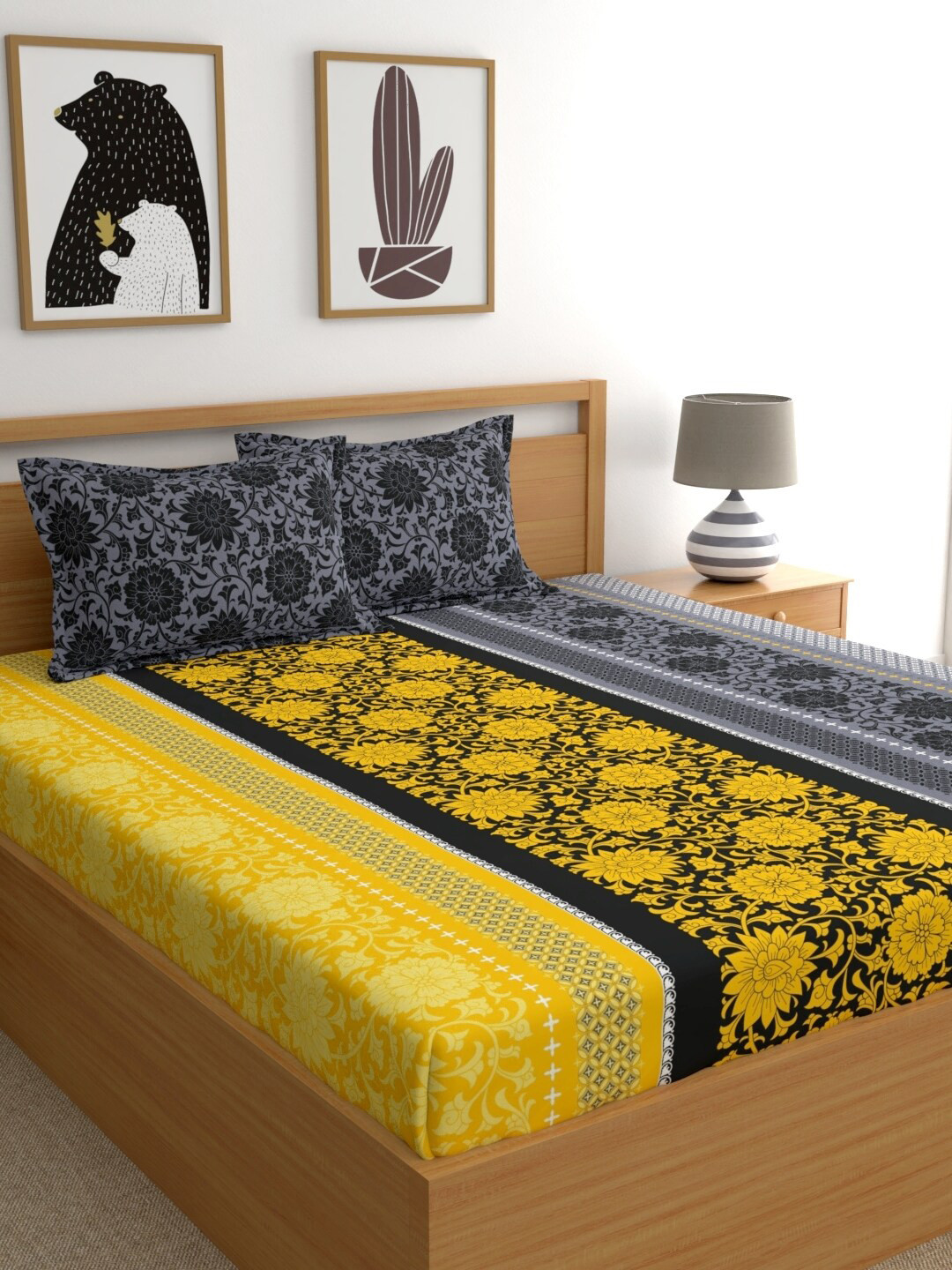 

Dreamscape Yellow Floral 140 TC Fitted Pure Cotton King Bedsheet with 2 Pillow Covers