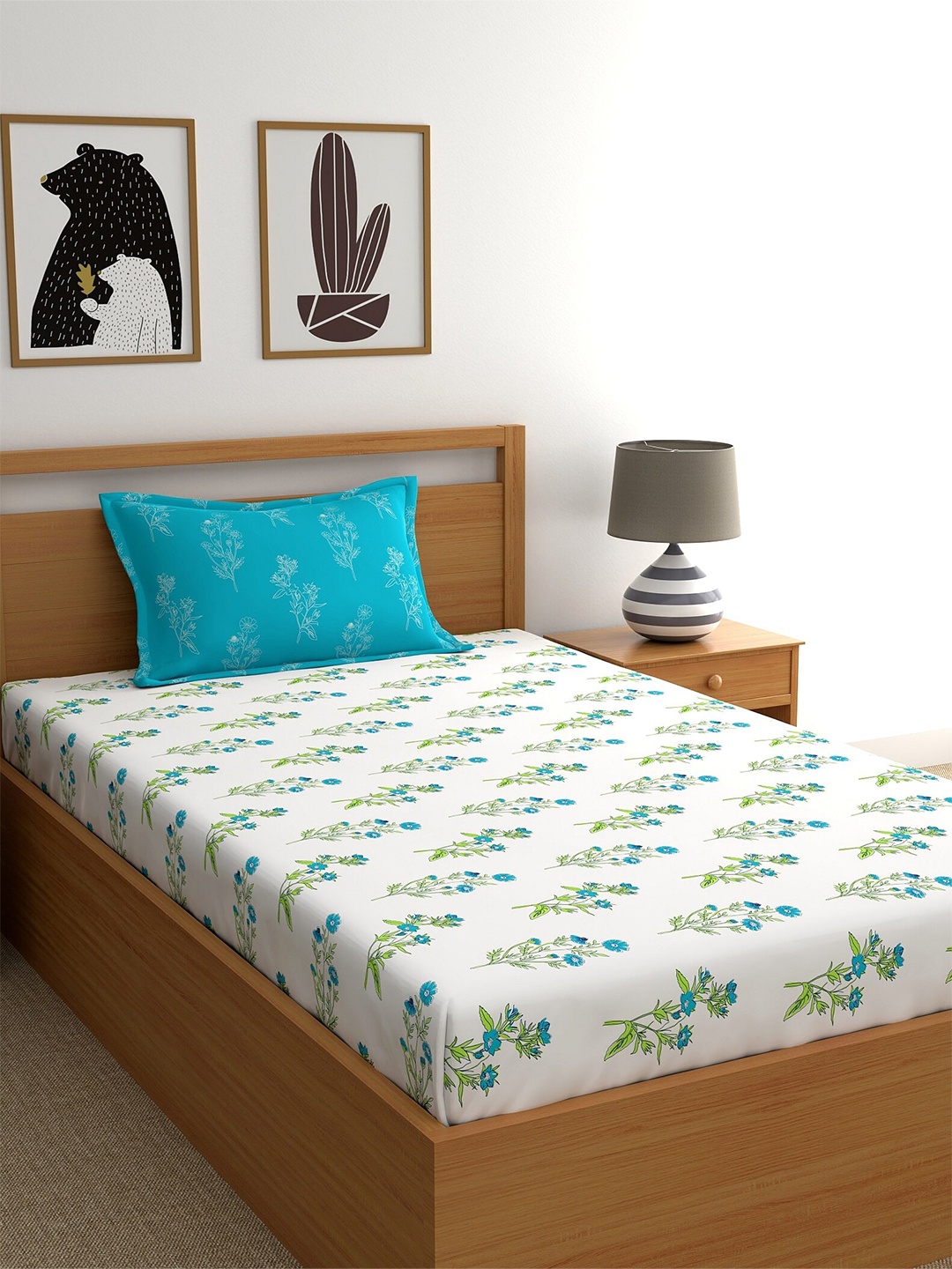 

Dreamscape Teal Blue Floral 140 TC Flat Pure Coton Single Bedsheet with Pillow Cover