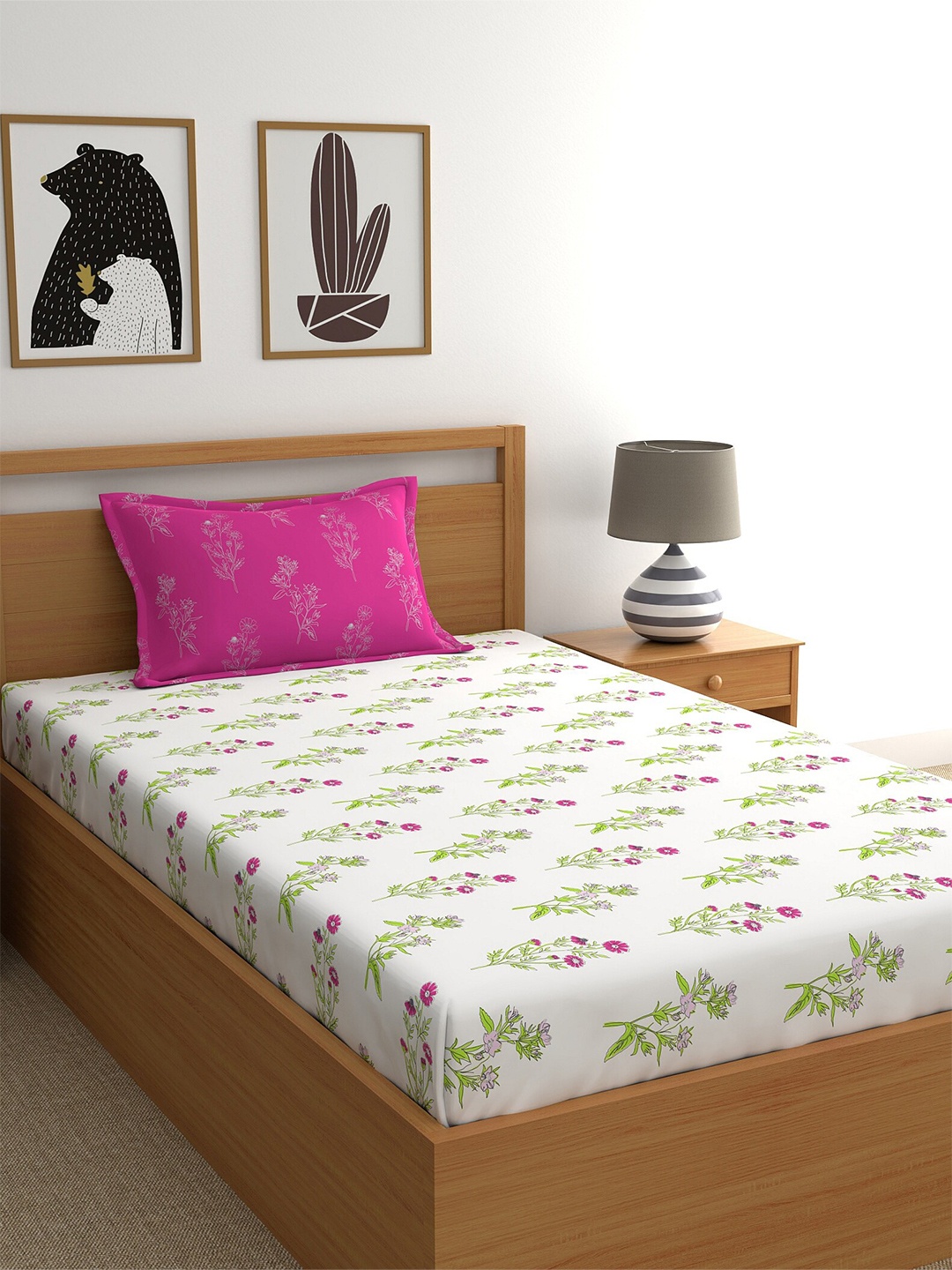 

Dreamscape Pink Floral 140 TC Flat Pure Cotton Single Bedsheet with Pillow Cover