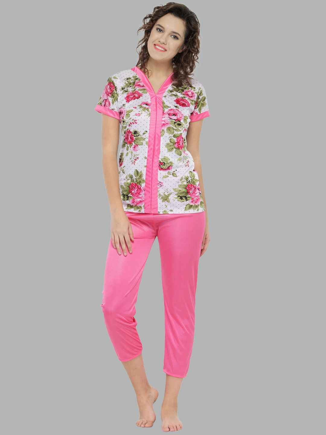

N-Gal Women 2 Pieces Printed Satin Night suit, Pink