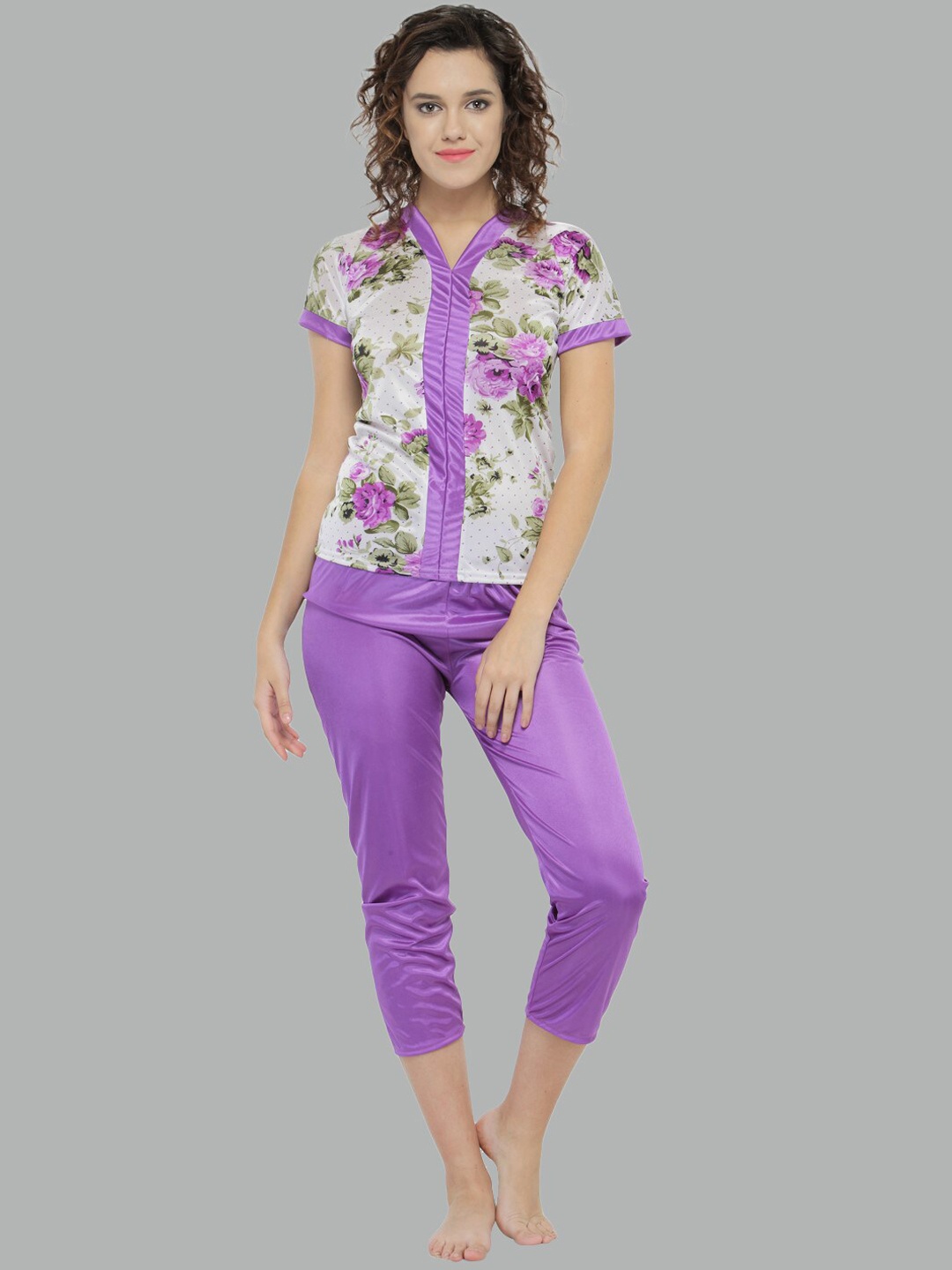 

N-Gal Women 2 Pieces Printed Satin Night suit, Purple