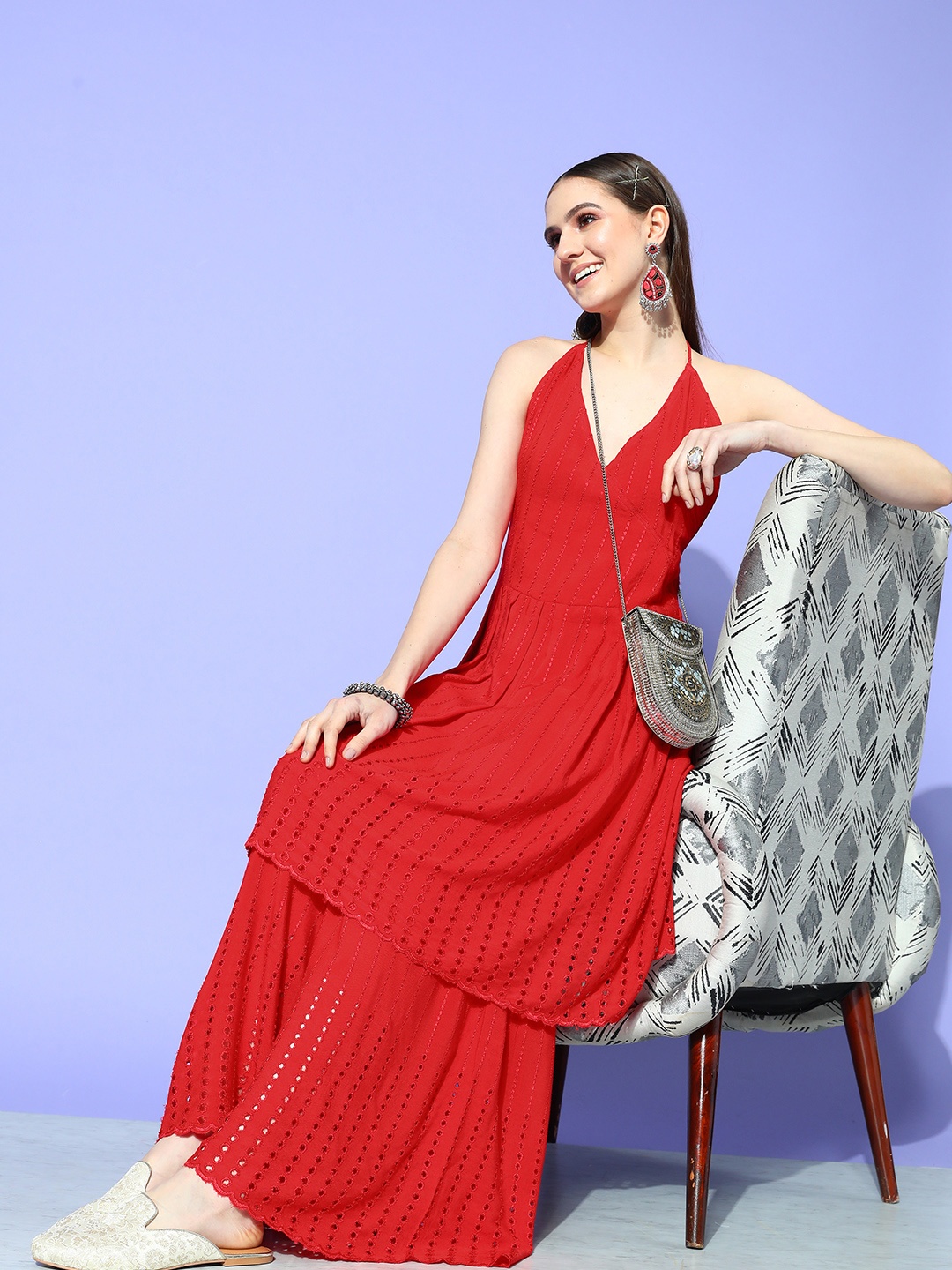 

InWeave Women Glowy Red Empire Back Details Kurta with Sharara Set