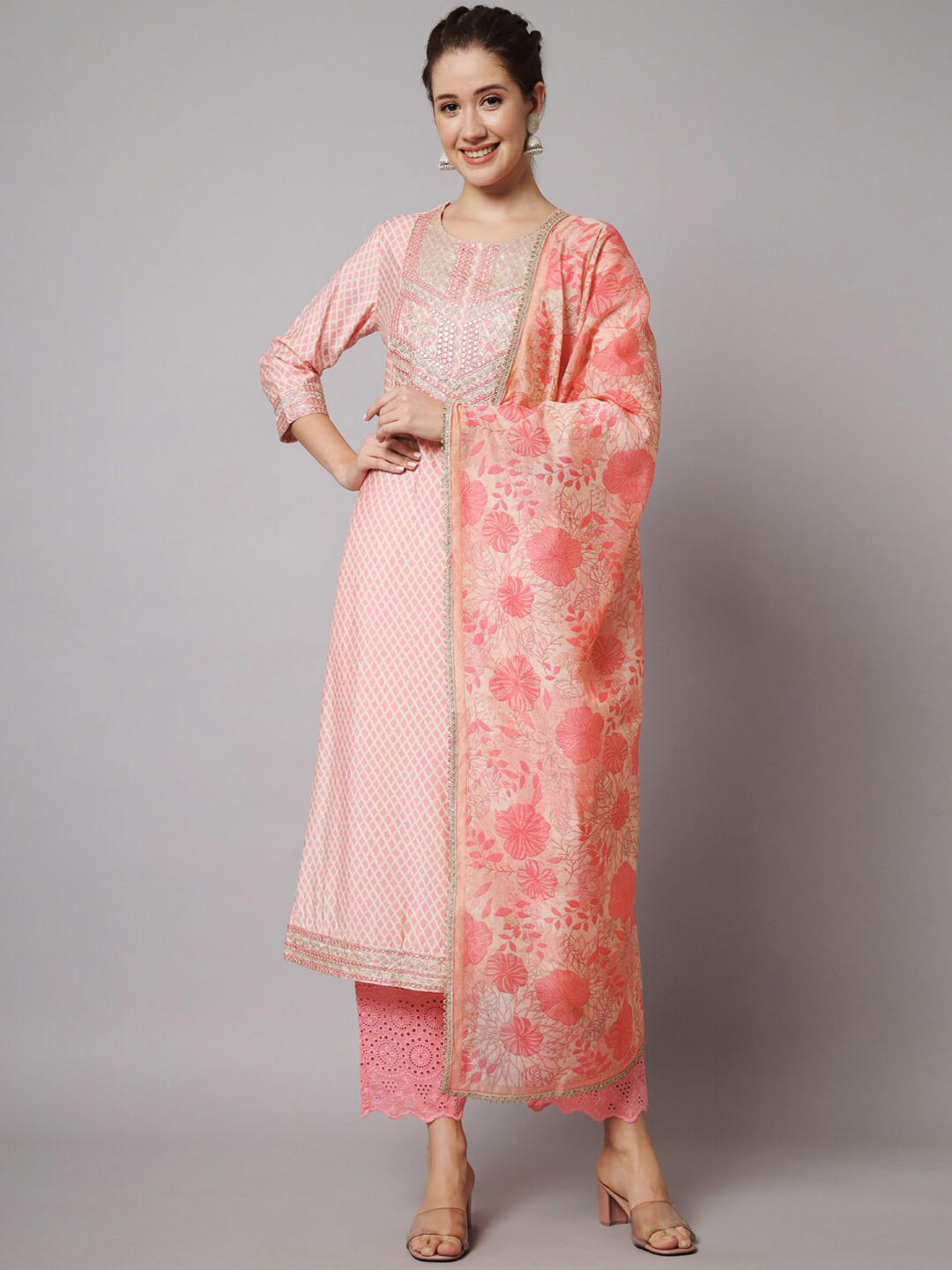 

KALINI Women Floral Embroidered Mirror Work Kurta with Trousers & Dupatta, Peach