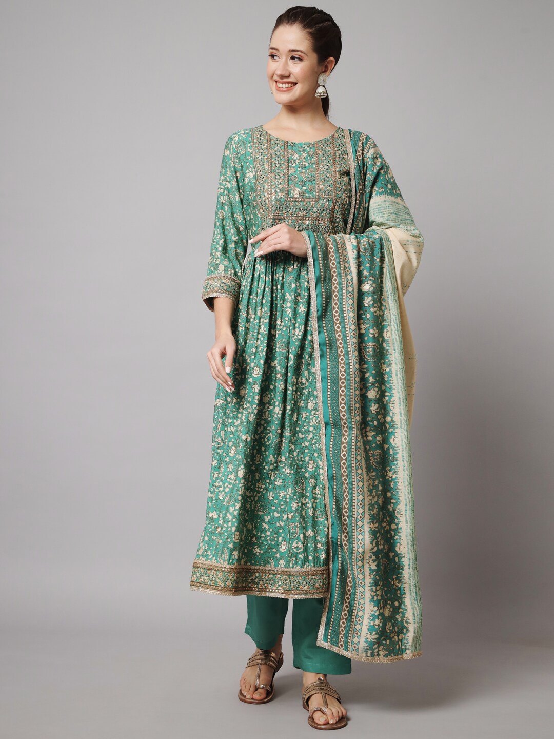 

KALINI Women Floral Printed Pleated Thread Work Kurta with Trousers & Dupatta, Green