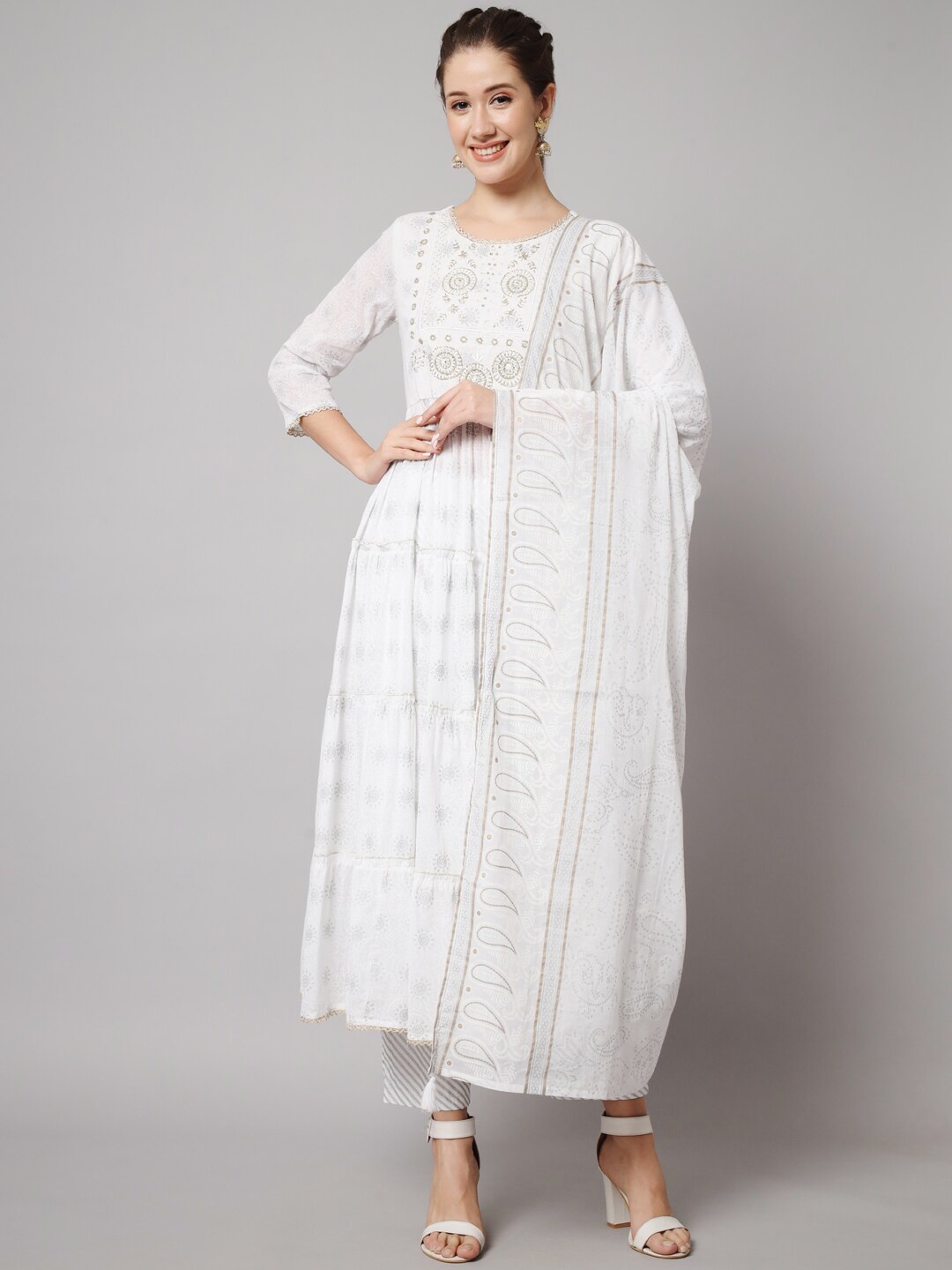 

KALINI Women Ethnic Motifs Embroidered Tiered Kurta with Palazzos & Dupatta, White