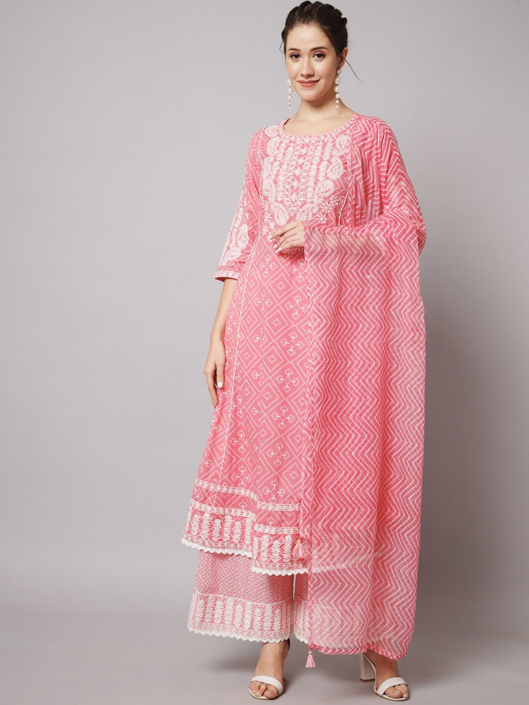 

KALINI Ethnic Motifs Embroidered Mirror Work Kurta with Palazzos & Dupatta, Pink