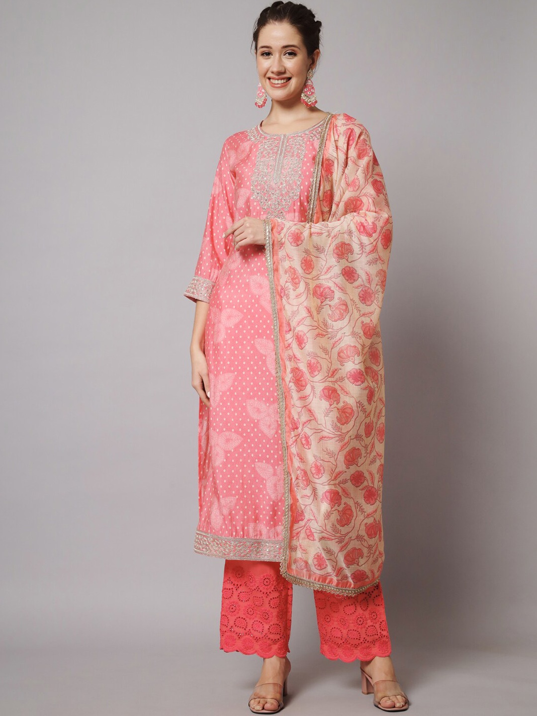 

KALINI Ethnic Motifs Embroidered Sequinned Kurta with Trousers & Dupatta, Pink