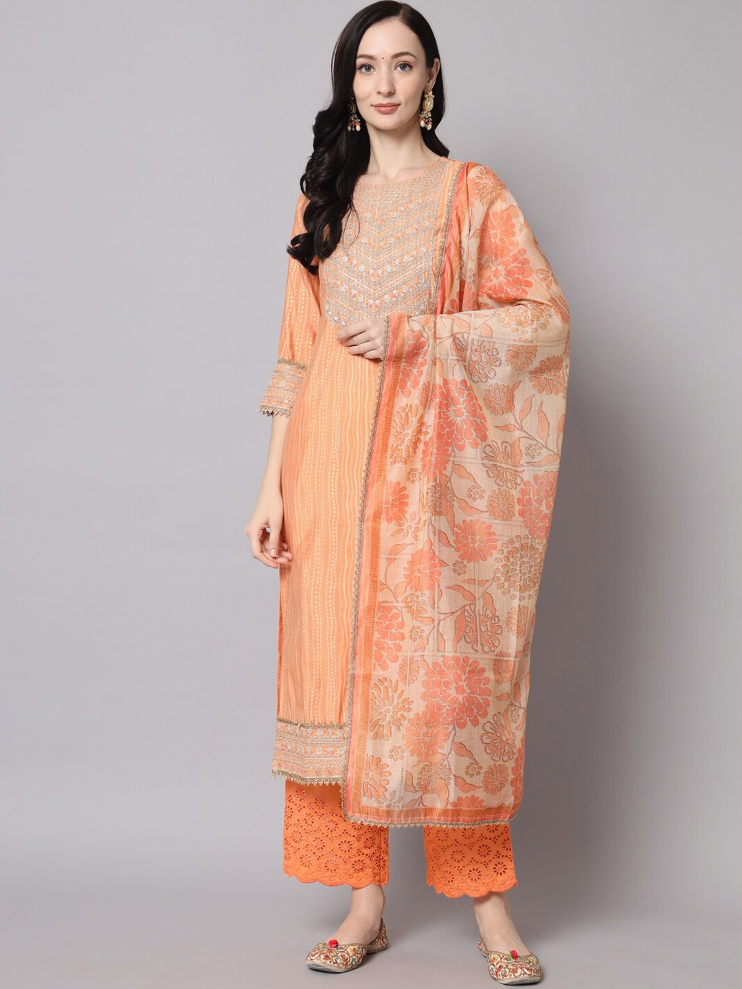

KALINI Women Orange Printed Mirror Work Kurta with Trousers & With Dupatta