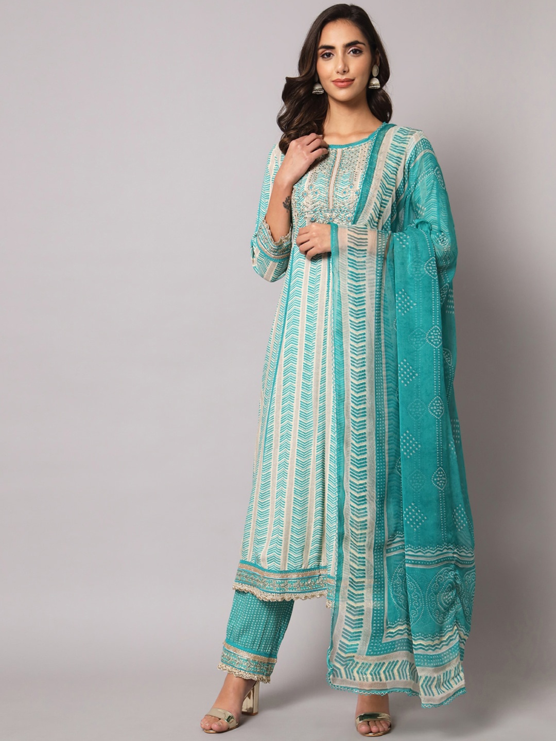 

KALINI Floral Embroidered Sequinned Kurta with Trousers & Dupatta, Turquoise blue