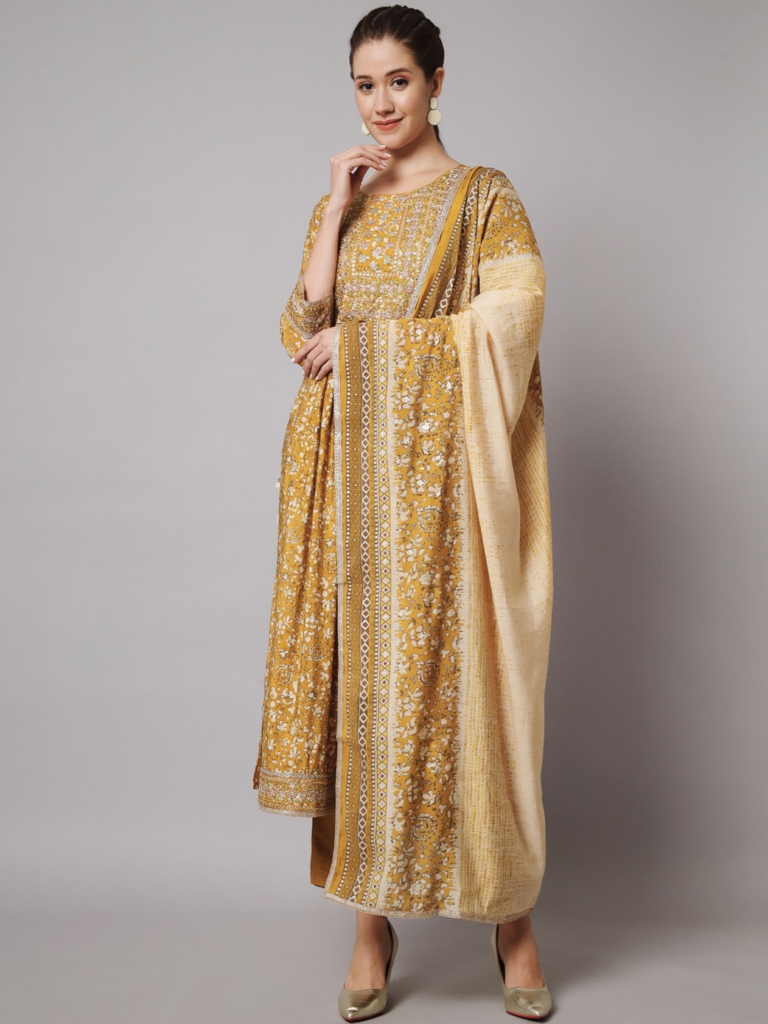 

KALINI Floral Embroidered Kurta with Trousers & Dupatta, Olive