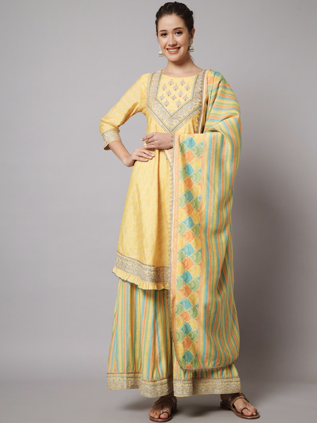 

KALINI Ethnic Motifs Embroidered Kurta with Palazzos & Dupatta, Yellow