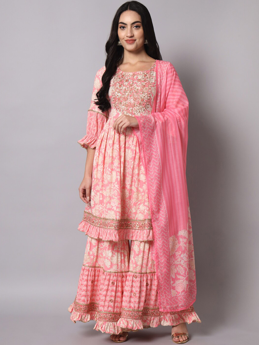 

KALINI Floral Embroidered Kurta with Sharara & Dupatta, Pink