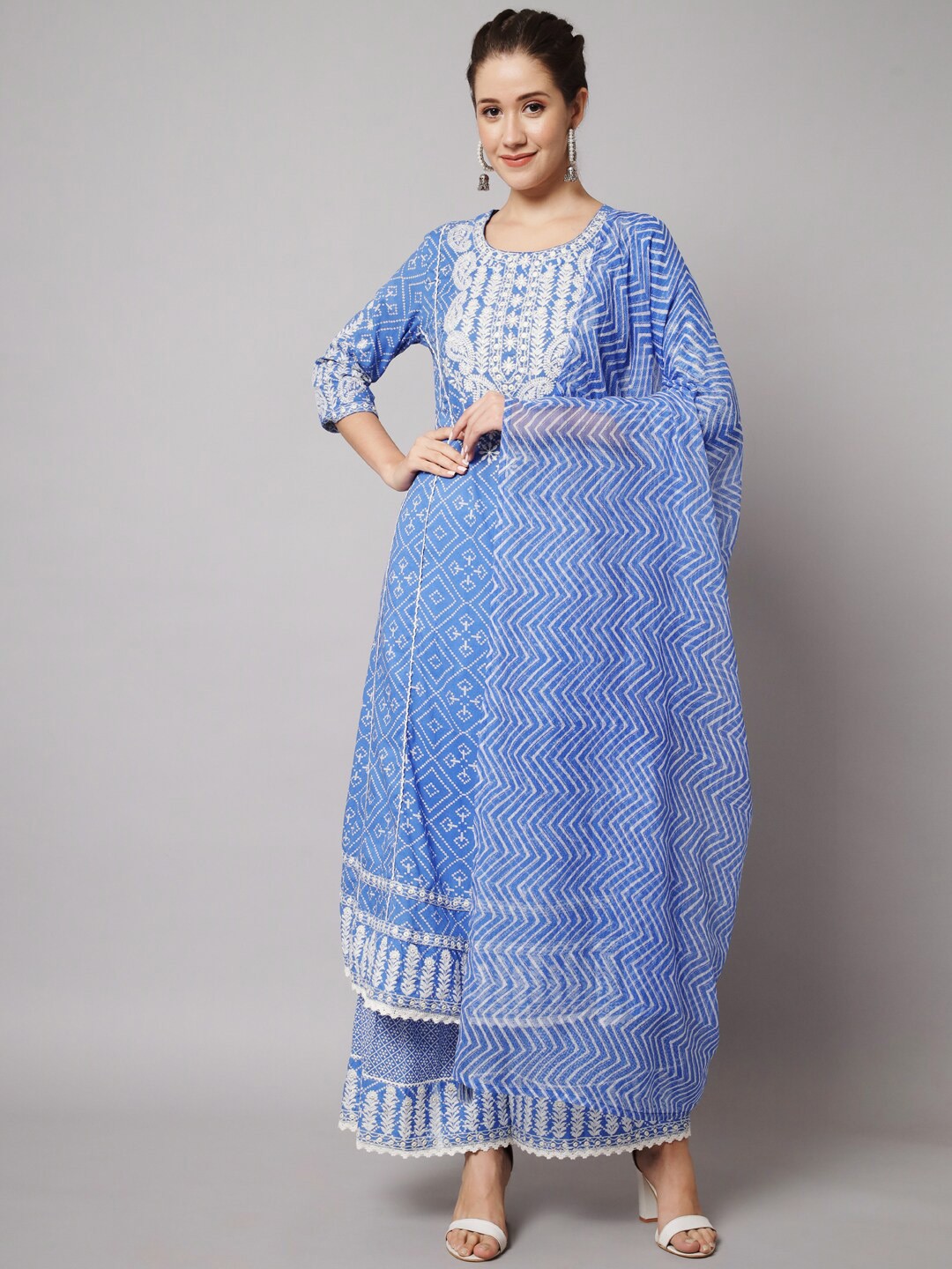 

KALINI Bandhani Embroidered Mirror Work Kurta with Palazzos & Dupatta, Blue