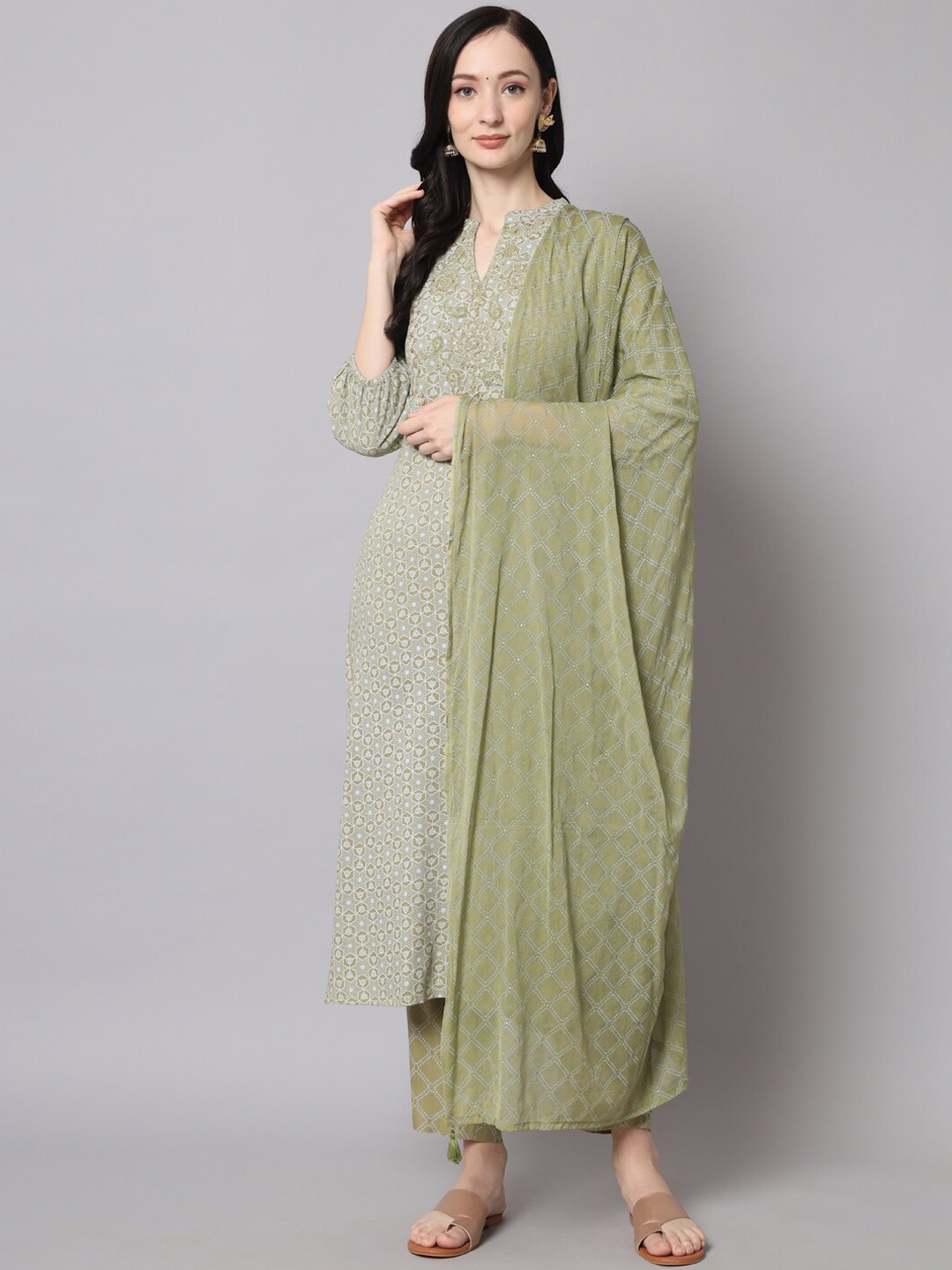 

KALINI Green Printed Mirror Work Kurta with Trousers & Dupatta, Olive