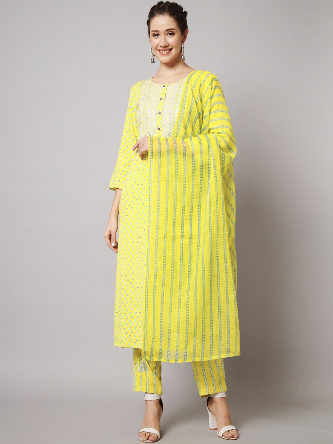 

KALINI Ethnic Motifs Printed Thread Work Kurta with Trousers & Dupatta, Green