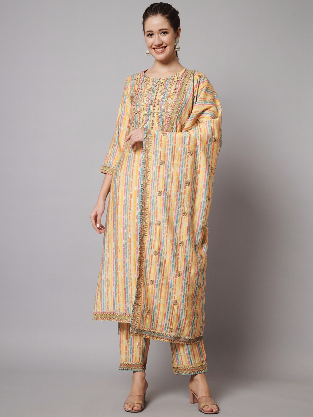 

KALINI Paisley Embroidered Thread Work Kurta with Trousers & Dupatta, Pink
