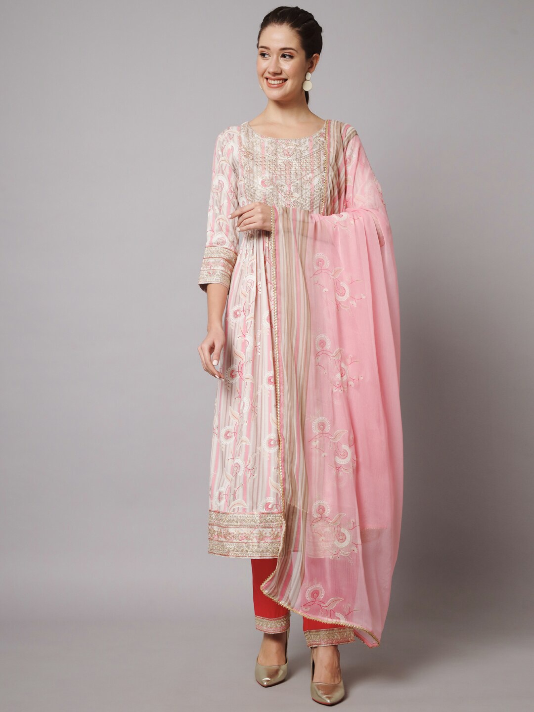 

KALINI Floral Printed Kurta with Trousers & Dupatta, Grey