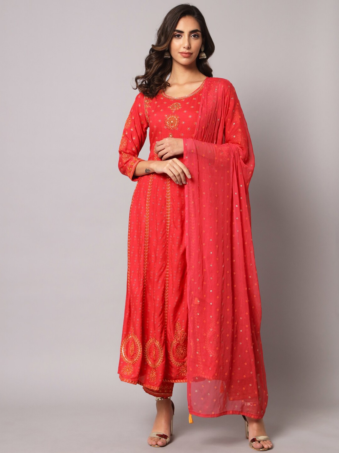

KALINI Ethnic Motifs Printed Beads and Stones Kurta with Trousers & Dupatta, Pink