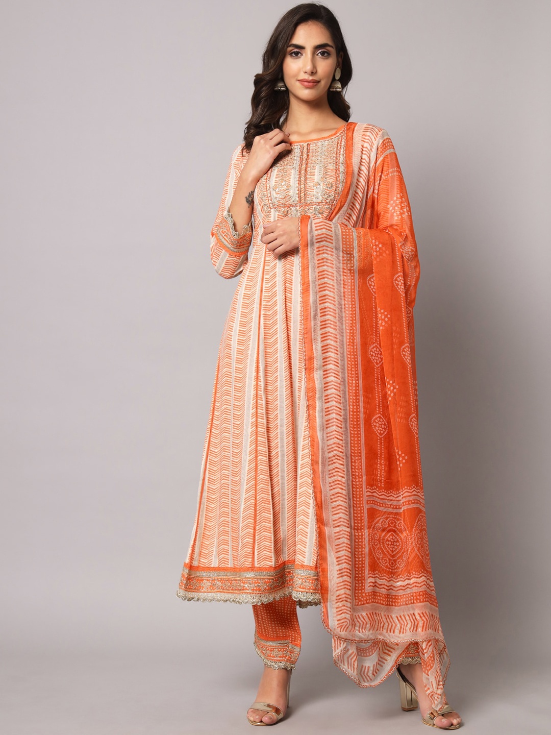 

KALINI Embroidered Sequinned Kurta with Trousers & Dupatta, Orange