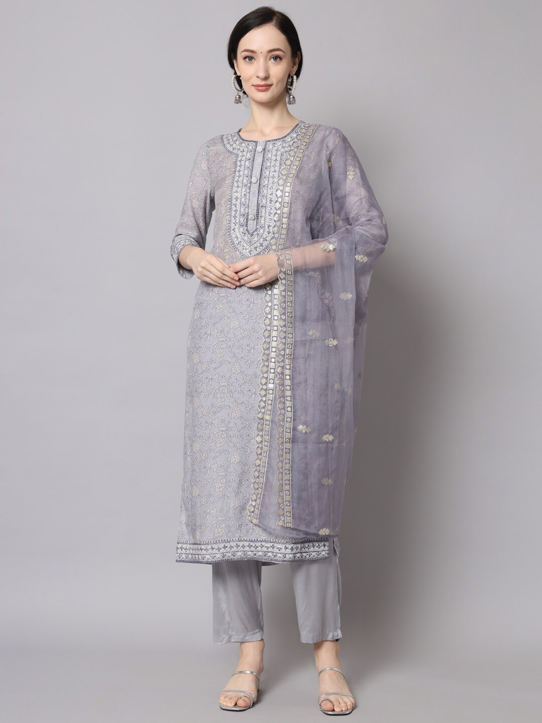 

KALINI Floral Printed Thread Work Kurta with Trousers & Dupatta, Grey