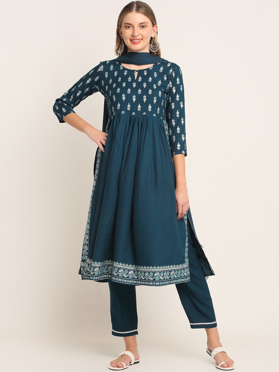 

KALINI Women Floral Printed Empire Kurta with Trousers & With Dupatta, Teal