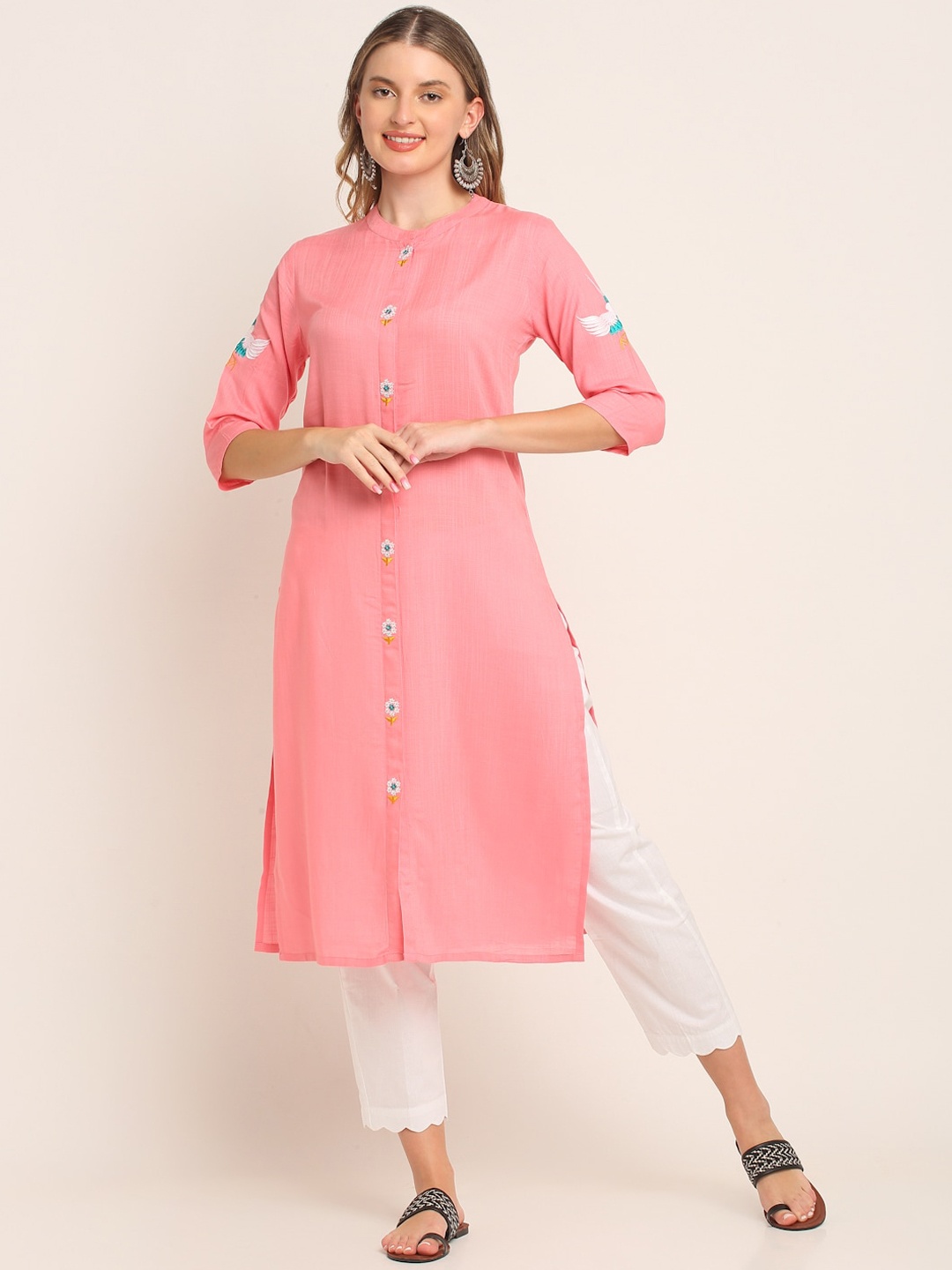 

KALINI Women Band Collar Ethnic Motifs Embroidered Kurta, Pink