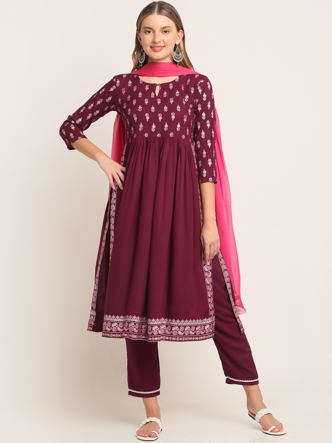 

KALINI Women Floral Printed Kurta with Trousers & With Dupatta, Magenta